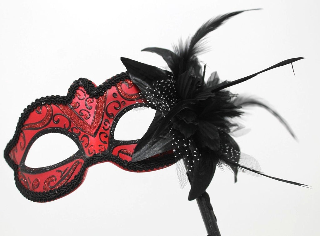 STUNNING BLACK & RED VENETIAN MASQUERADE PARTY BALL CARNIVAL MASK HAND STICK