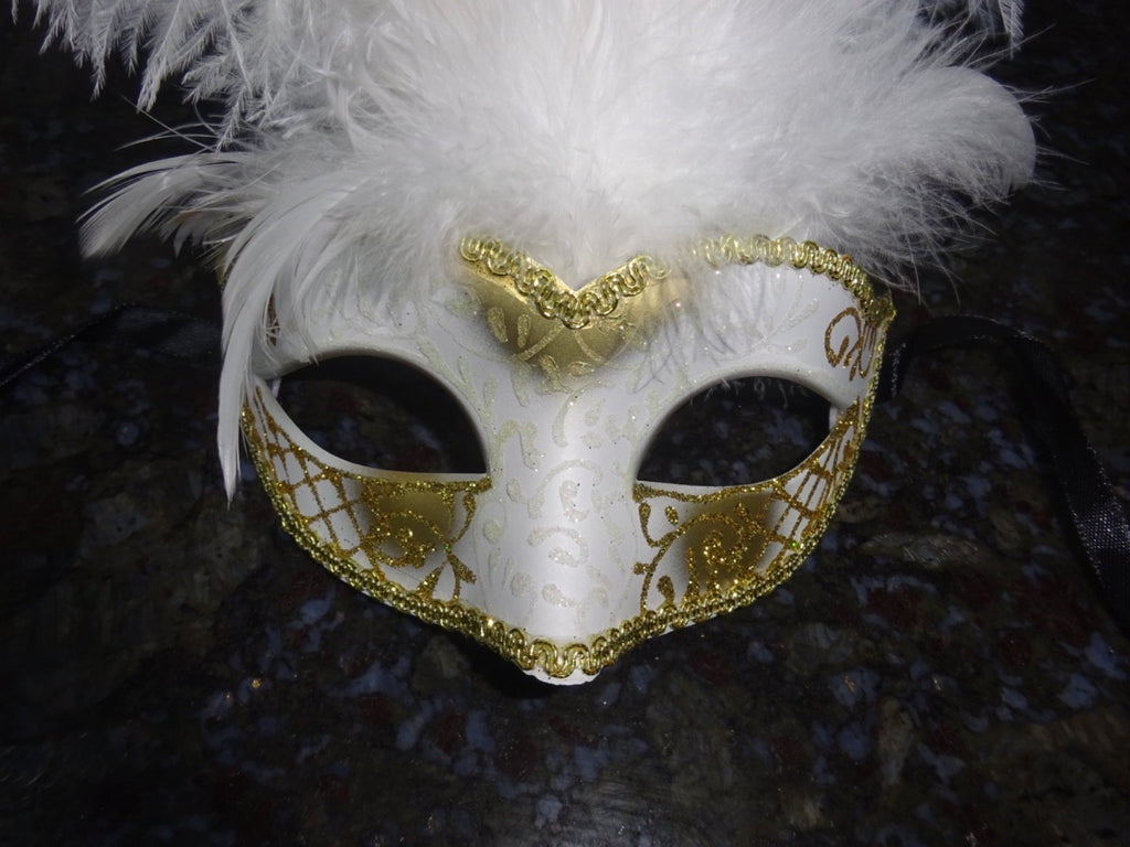 WHITE & GOLD VENETIAN MASQUERADE PARTY CARNIVAL BALL PROM EYE LONG FEATHER MASK