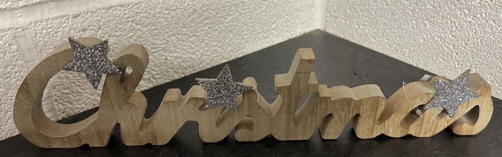 'Christmas' Wooden Table Top Decoration 3 Silver Stars 38cm Long Plaque Sign