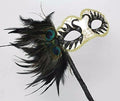 BLACK IVORY GOLD MASK WITH PEACOCK FEATHERS VENETIAN MASQUERADE HAND HELD STICK