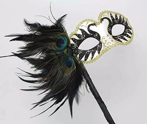 BLACK IVORY GOLD MASK WITH PEACOCK FEATHERS VENETIAN MASQUERADE HAND HELD STICK