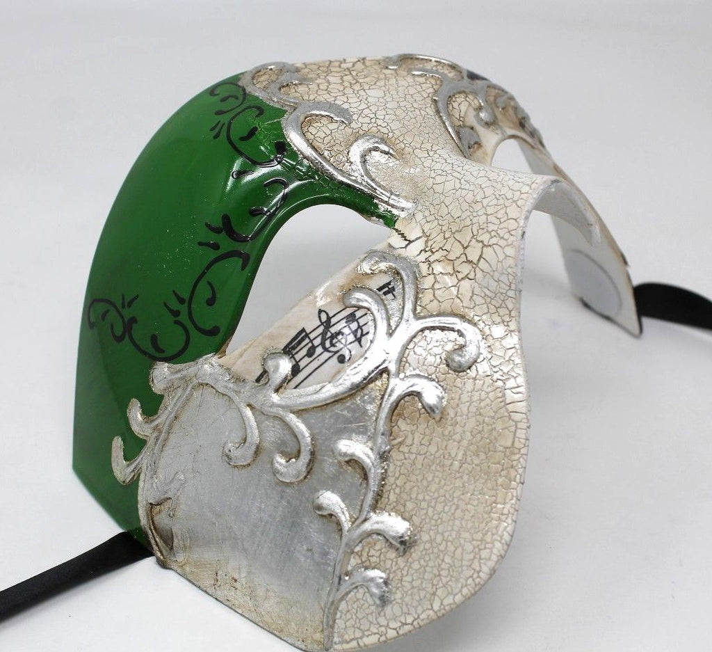 QUALITY GREEN & SILVER HALF FACE PHANTOM MUSICAL NOTES MASQUERADE MASK