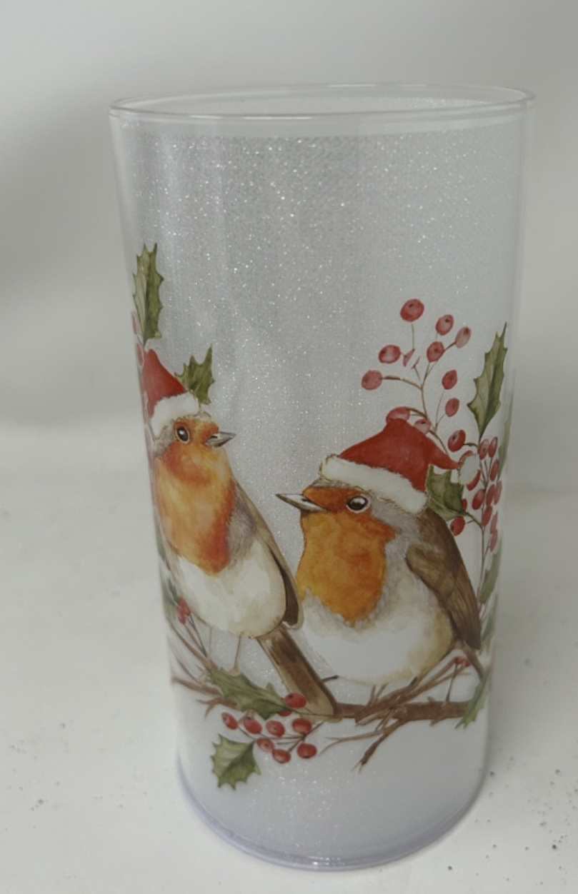 Christmas Festive LED Light Up Robin Frosted Cylinder Lantern Lamp  18cm Tall