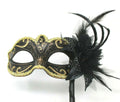 BLACK AND GOLD Venetian Carnival Masquerade Mask on a hand held stick
