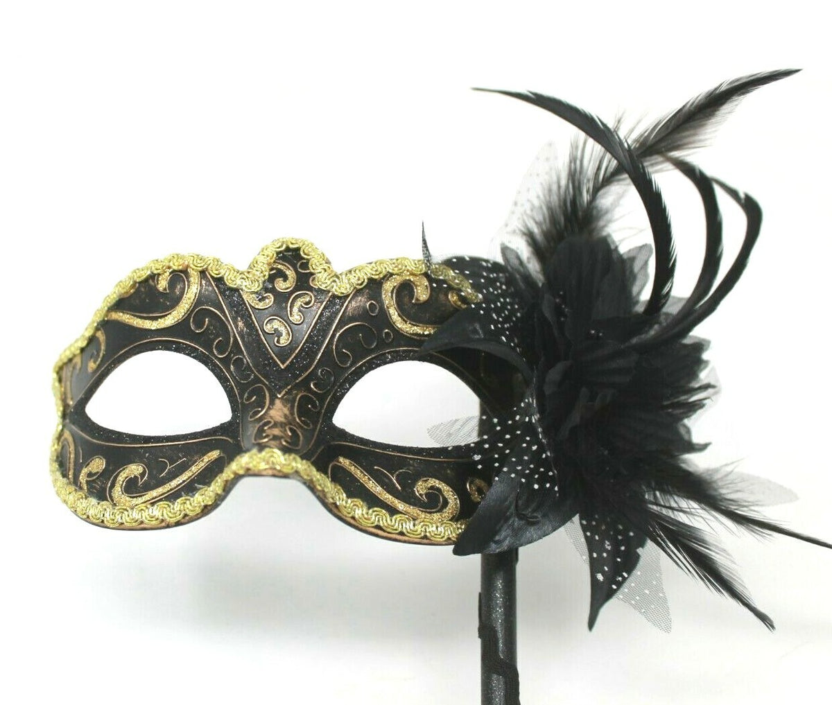 BLACK AND GOLD Venetian Carnival Masquerade Mask on a hand held stick