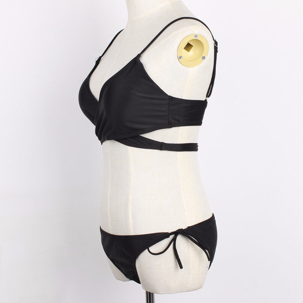 Ladies Stylish Bandage Crossover 2 Piece Bikini Swimsuit Black Size 10-12