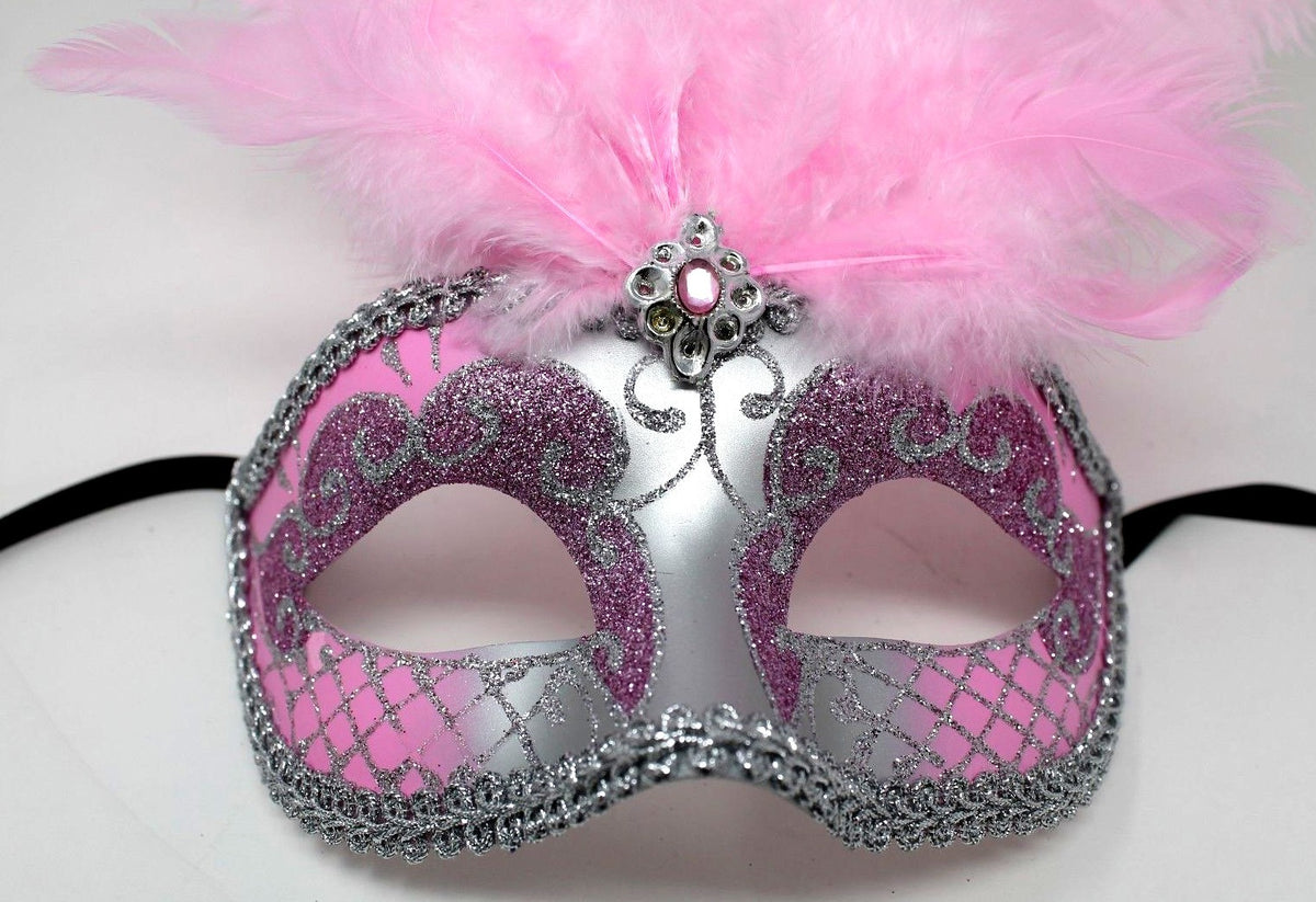 FEATHER MASK  BABY PINK & SILVER VENETIAN CARNIVAL MASQUERADE BALL EYE PARTY