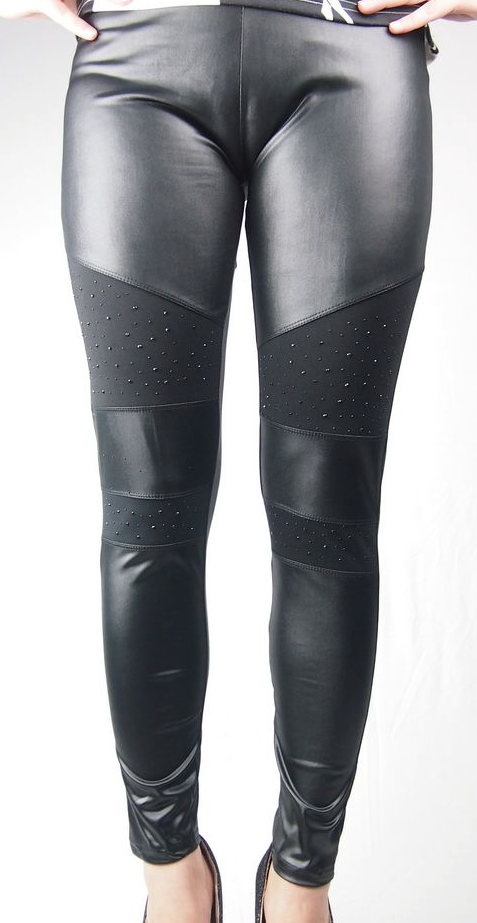 Womens Black Faux Leather/PU Tight Leggings Size 8-10 Black Diamontes Panels