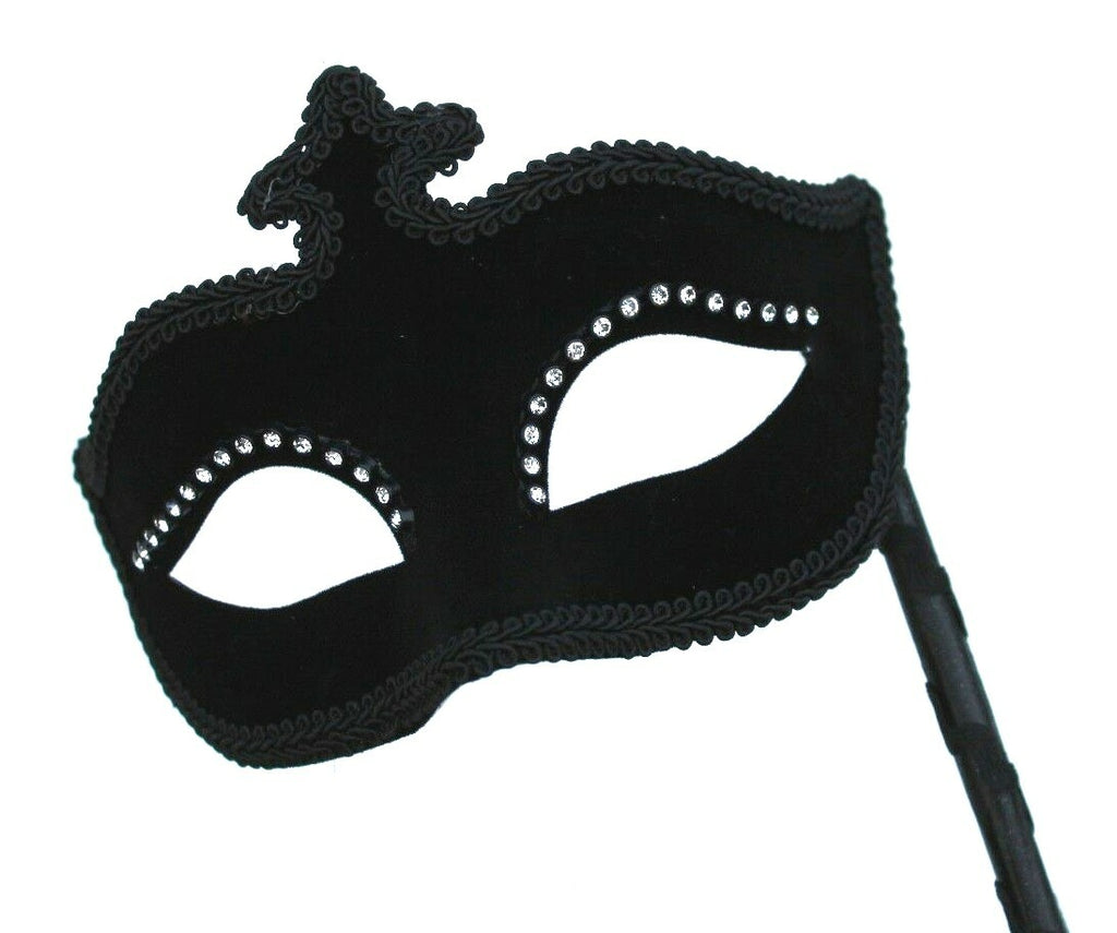 Black Velvet Jewelled Venetian Masquerade Party Carnival Eye Ball Mask on Stick