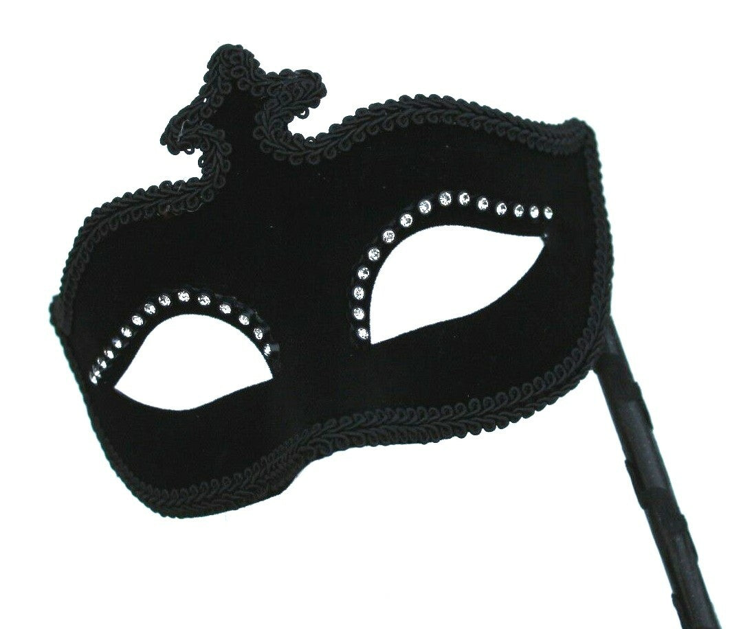 Black Velvet Jewelled Venetian Masquerade Party Carnival Eye Ball Mask on Stick