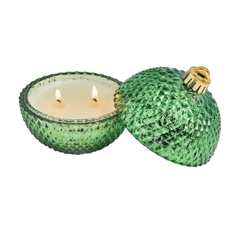 Christmas Green Bauble Design Mistletoe Fir Candle 13cm Tall 15 Hour Burn Time