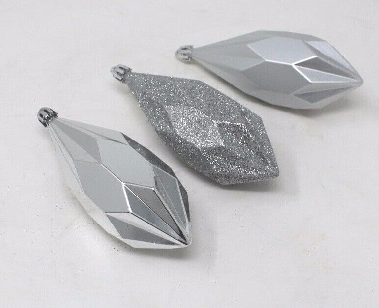 3x Silver Christmas Baubles Tree Hanging Decoration Ornament Geometric 14cm Tall