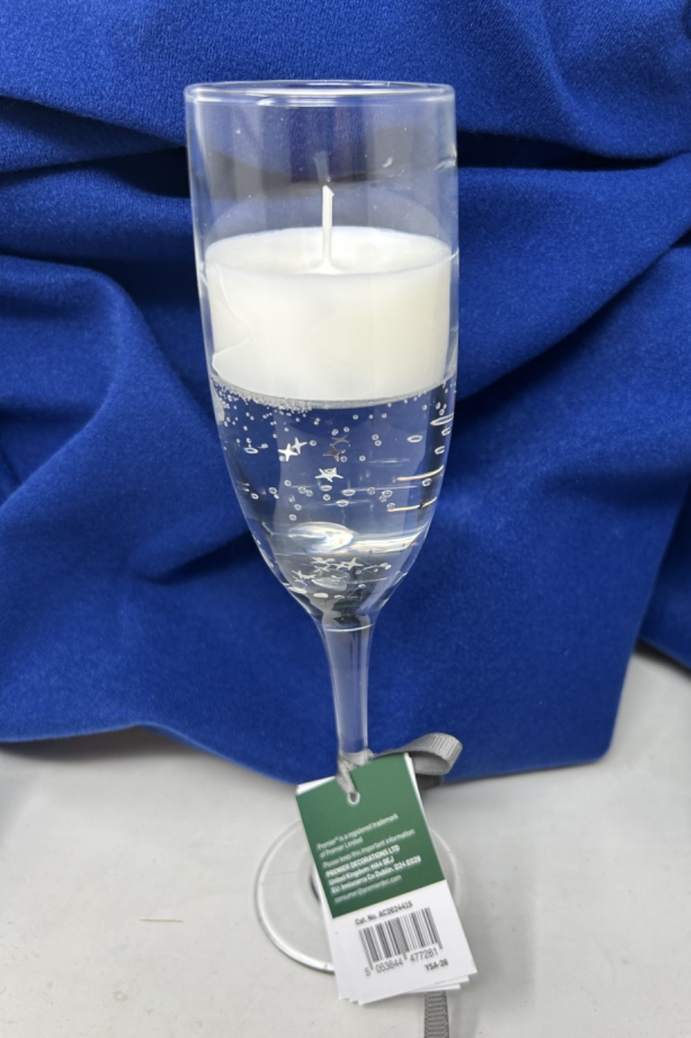 Christmas Champagne Glass Gel Candle Silver Stars & Bow 22cm Tall x 6cm Dia