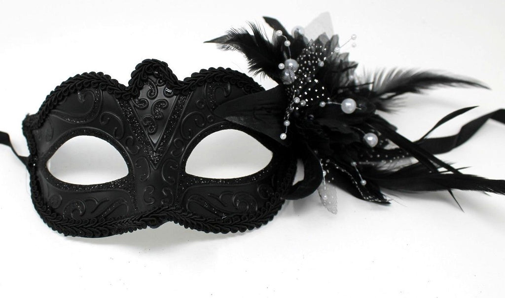 MIDNIGHT BLACK MASK WITH FLOWER/PEARLS VENETIAN MASQUERADE PARTY BALL PROM EYE