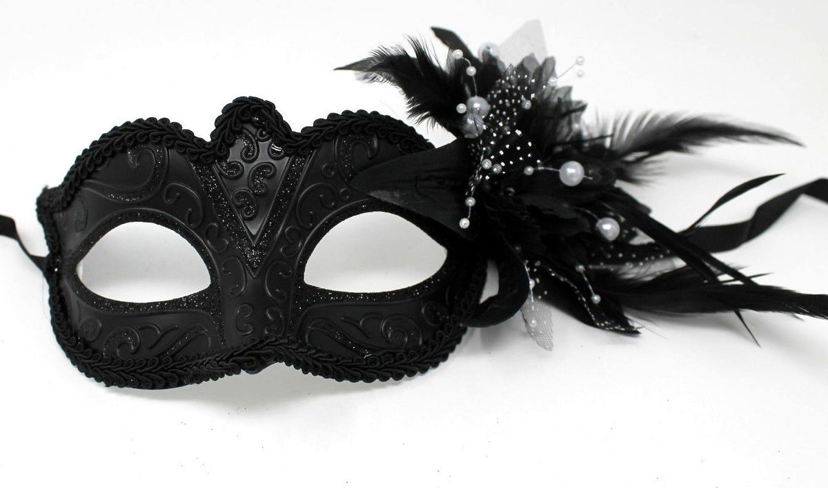 MIDNIGHT BLACK MASK WITH FLOWER/PEARLS VENETIAN MASQUERADE PARTY BALL PROM EYE