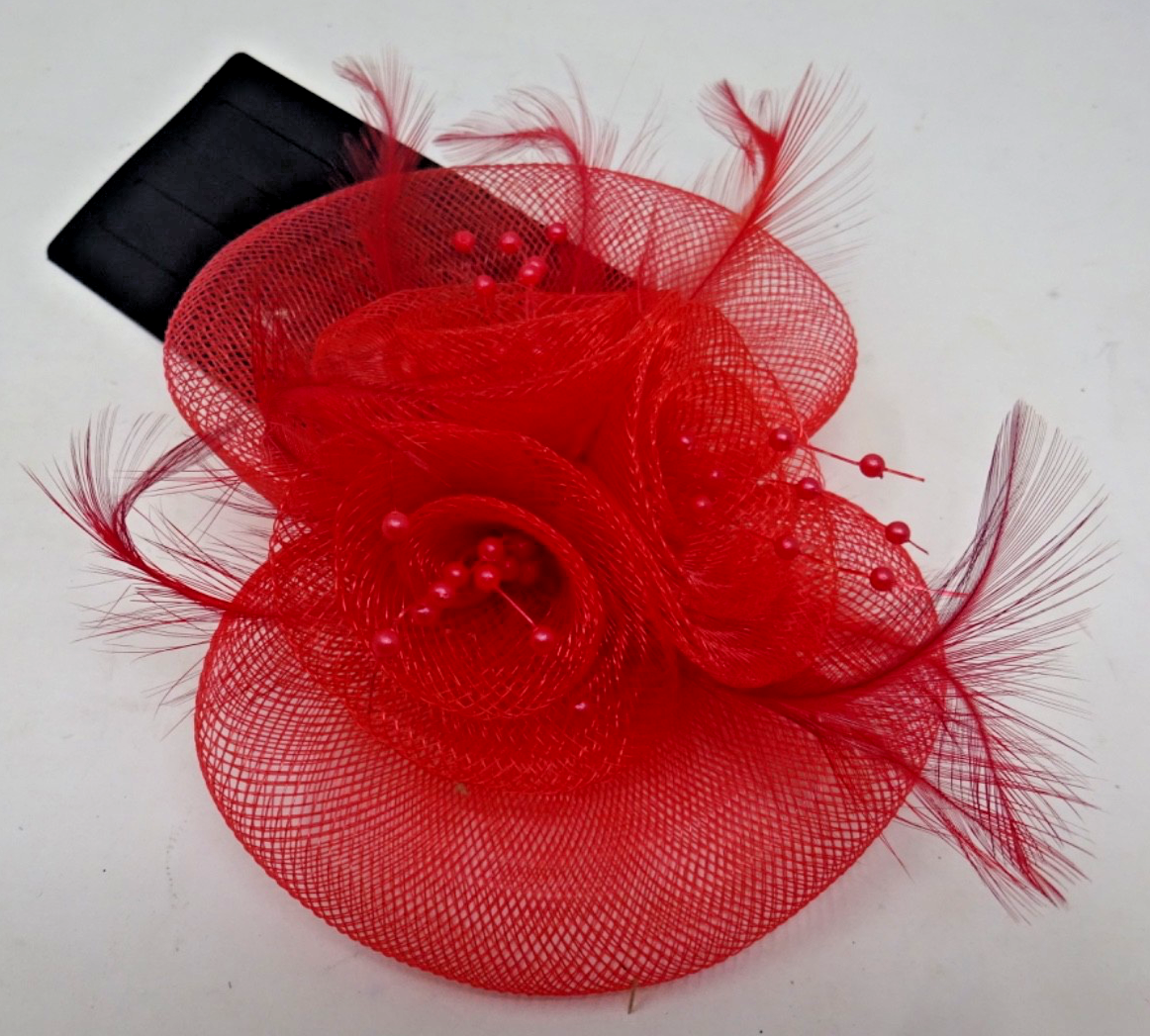 Red Corsage Brooch Fascinator Stiffened Net Floral Rosette Fine Feathers & Beads