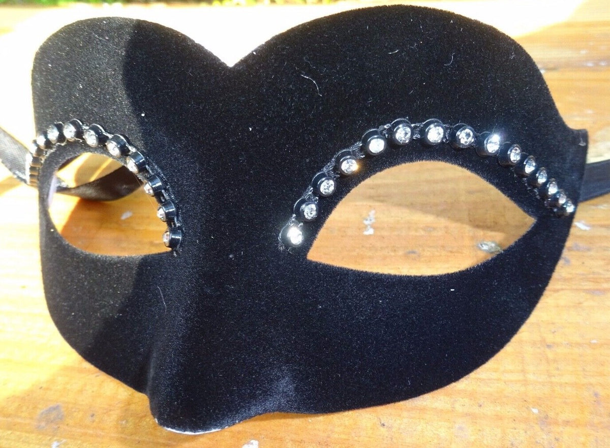 Ladies Black Velour Jewelled Venetian Masquerade Party Carnival Eye Ball Mask