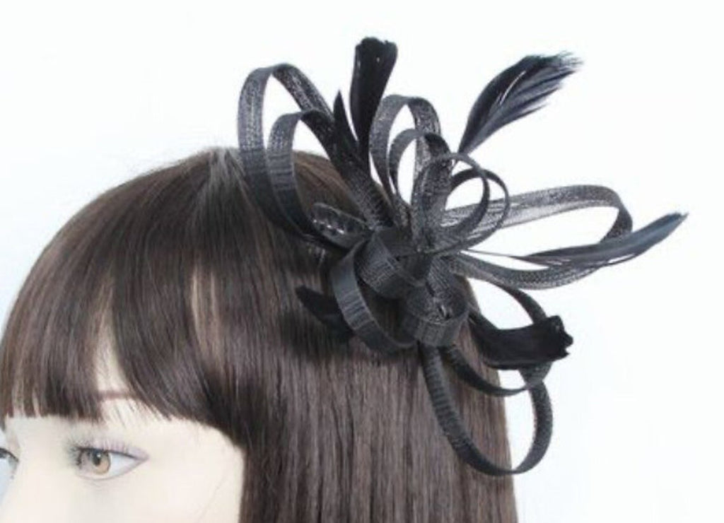 Black Coiled Stiffened Net & Long Feather Fascinator on a Clear Comb Funeral