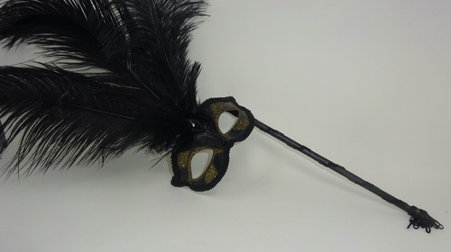 BLACK GOLD MASQUERADE CARNIVAL PARTY BALL WITH LONG FEATHERS EYE MASK ON A STICK