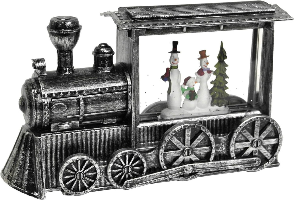Large Water Train Rustic Silver Locomotive LED Light Up 29cm Long 3 Snowman