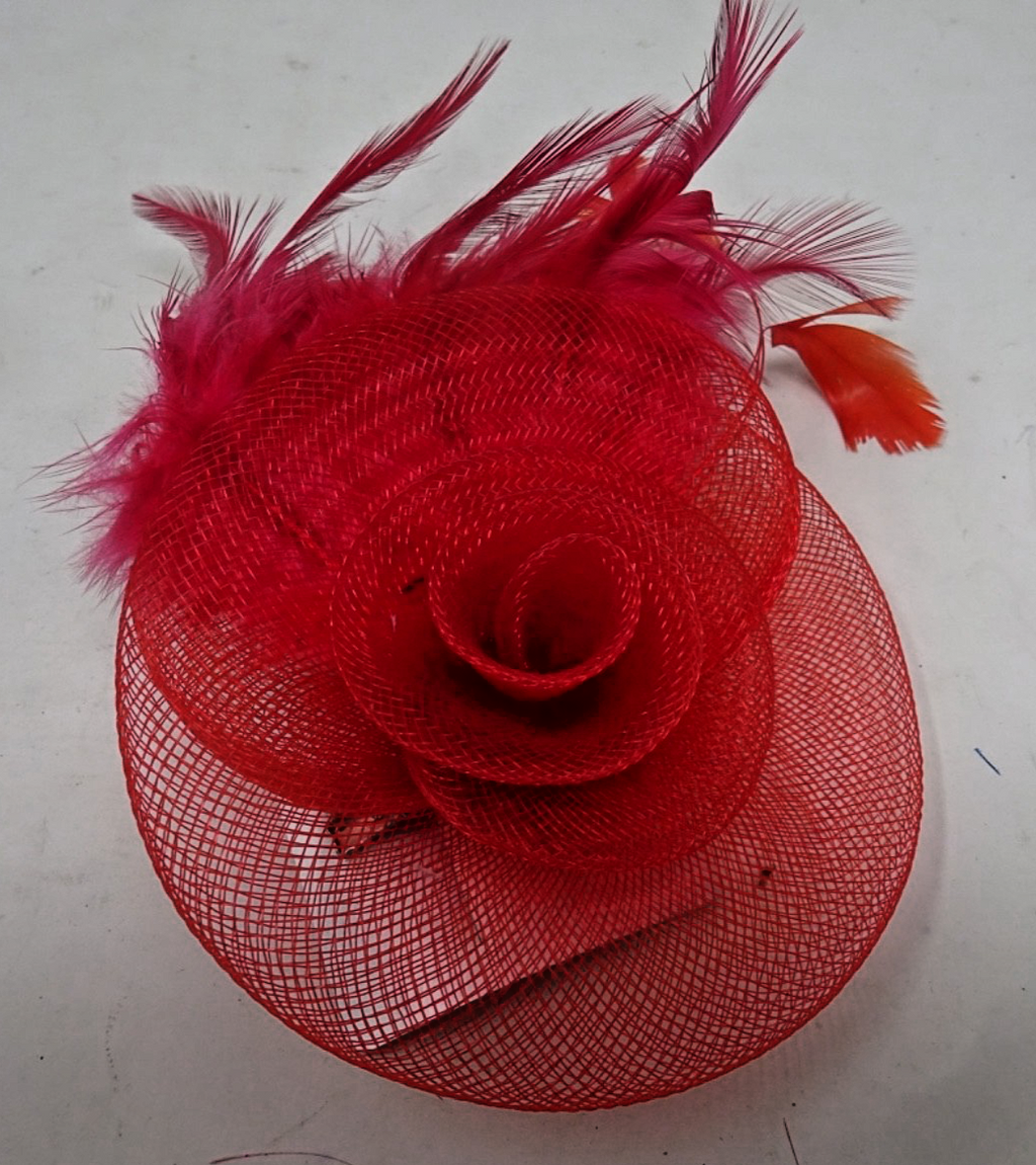 Red Corsage Brooch Fascinator Stiffened Net Floral Rosette Mixed Fine Feathers