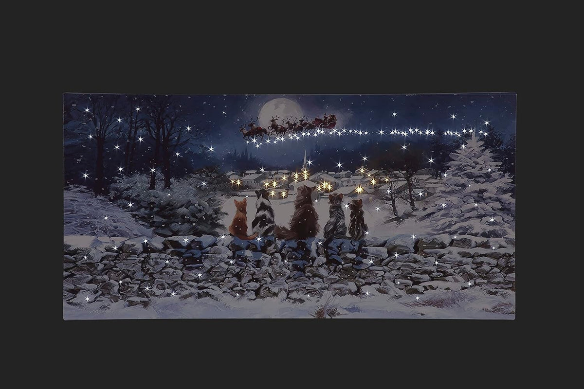 Fibre Optic Light up LED Canvas/Picture Christmas Santa Sleigh & Cats 60x30cm