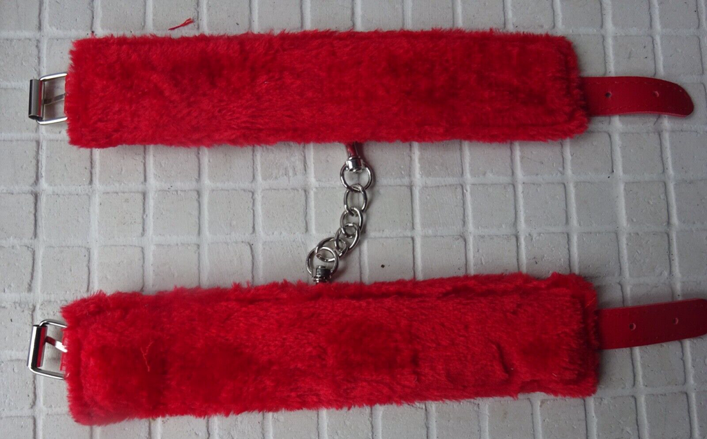 Unisex Red Genuine Leather & Fur Leg Ankle Handcuffs Buckles & Metal Chain