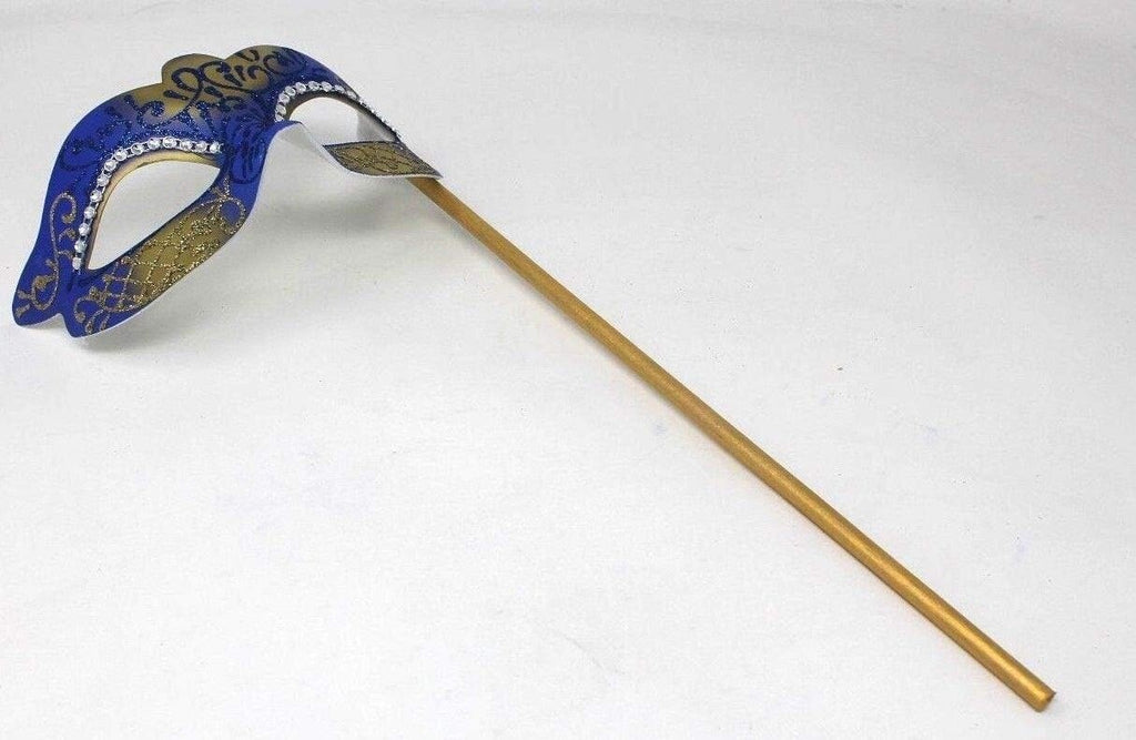 BLUE & GOLD VENETIAN MASQUERADE PARTY EYE MASK ON A HAND HELD STICK & DIAMONTES