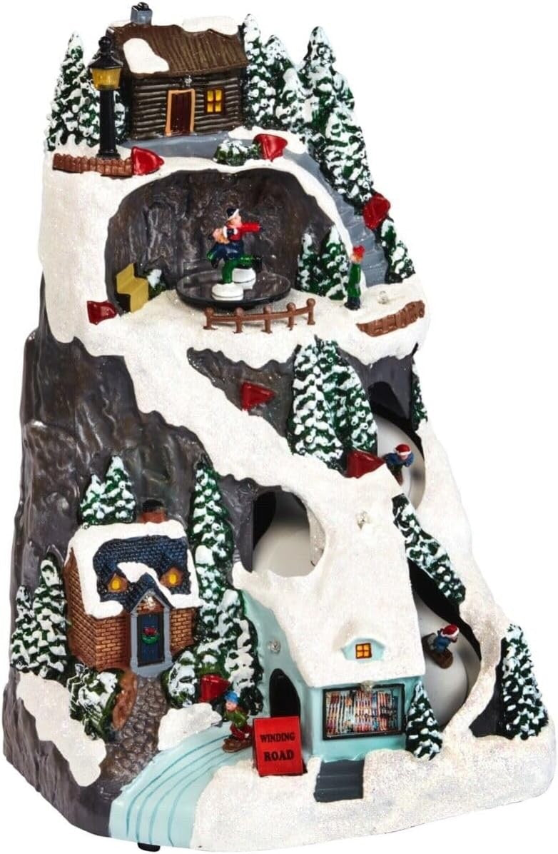 Large LED Musical Christmas Animated Winter Snow Mountain Ski Scene 30 x 20cm