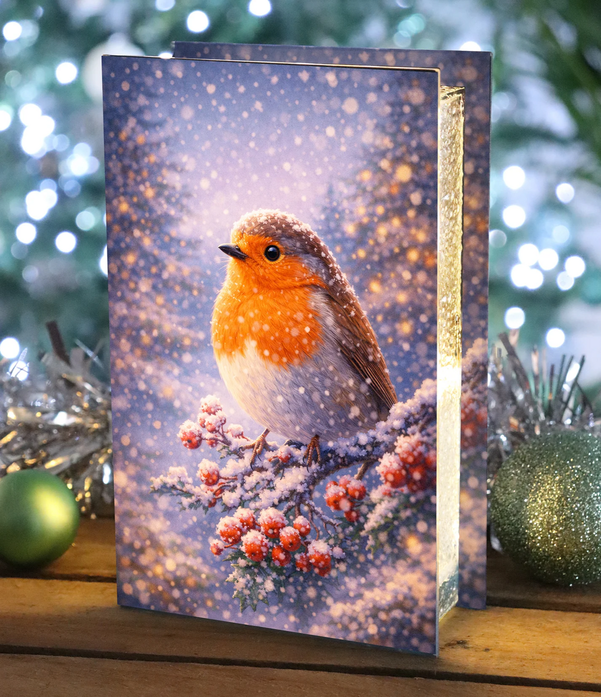 Glass Flashing or Static LEDs Robin Christmas Decoration 21cm Tall Double Sided