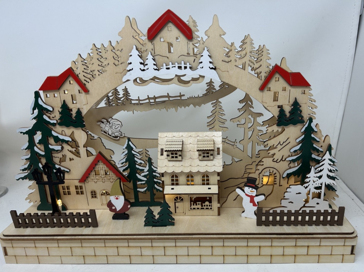 Wooden Alpine Christmas Village  LED Light Up Decoration 41cm Cut-out Design