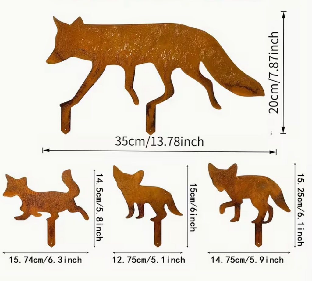 Acrylic Rusty Appearance Fox & 3 Cubs Garden Ornament Figurine Silhouettes