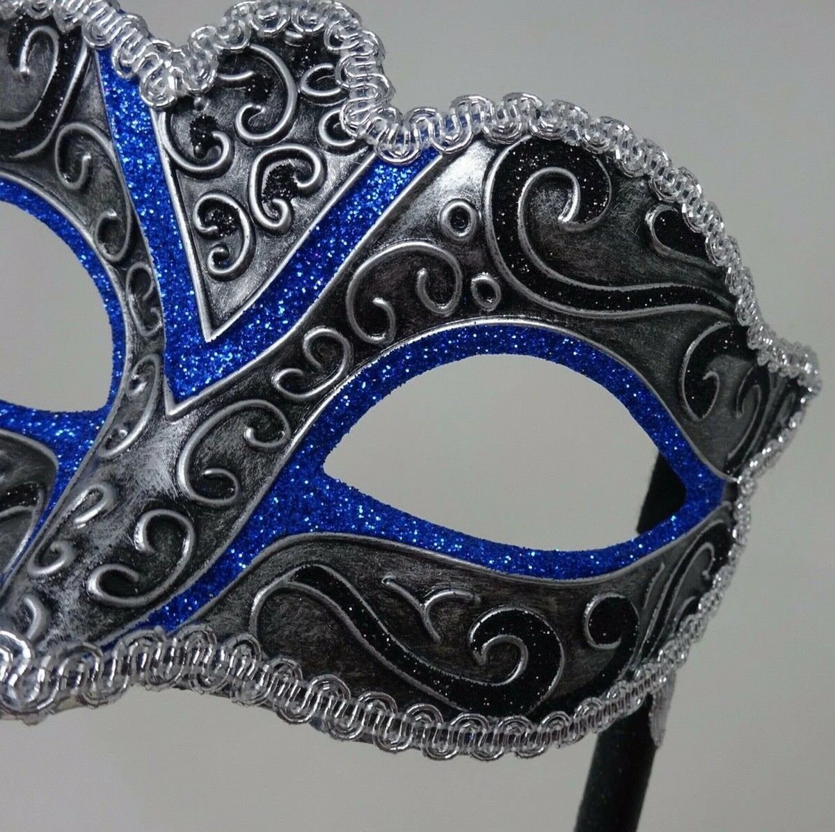 BLACK BLUE & SILVER BRAID VENETIAN MASQUERADE PARTY CARNIVAL BALL MASK HAND HELD