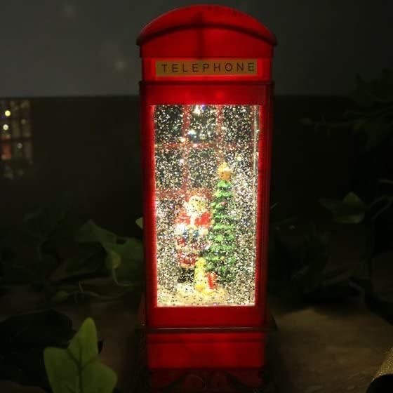 Christmas LED Water Spinner Glitter Snow Telephone Box Santa Lantern 26cm Tall