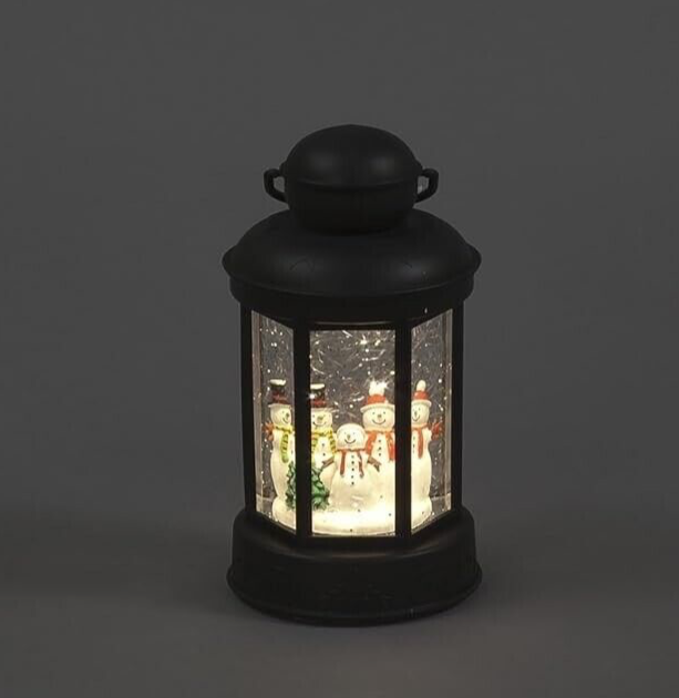 Christmas Snowman Family LED Metal Water Lantern Glitter Snow 18cm Tall