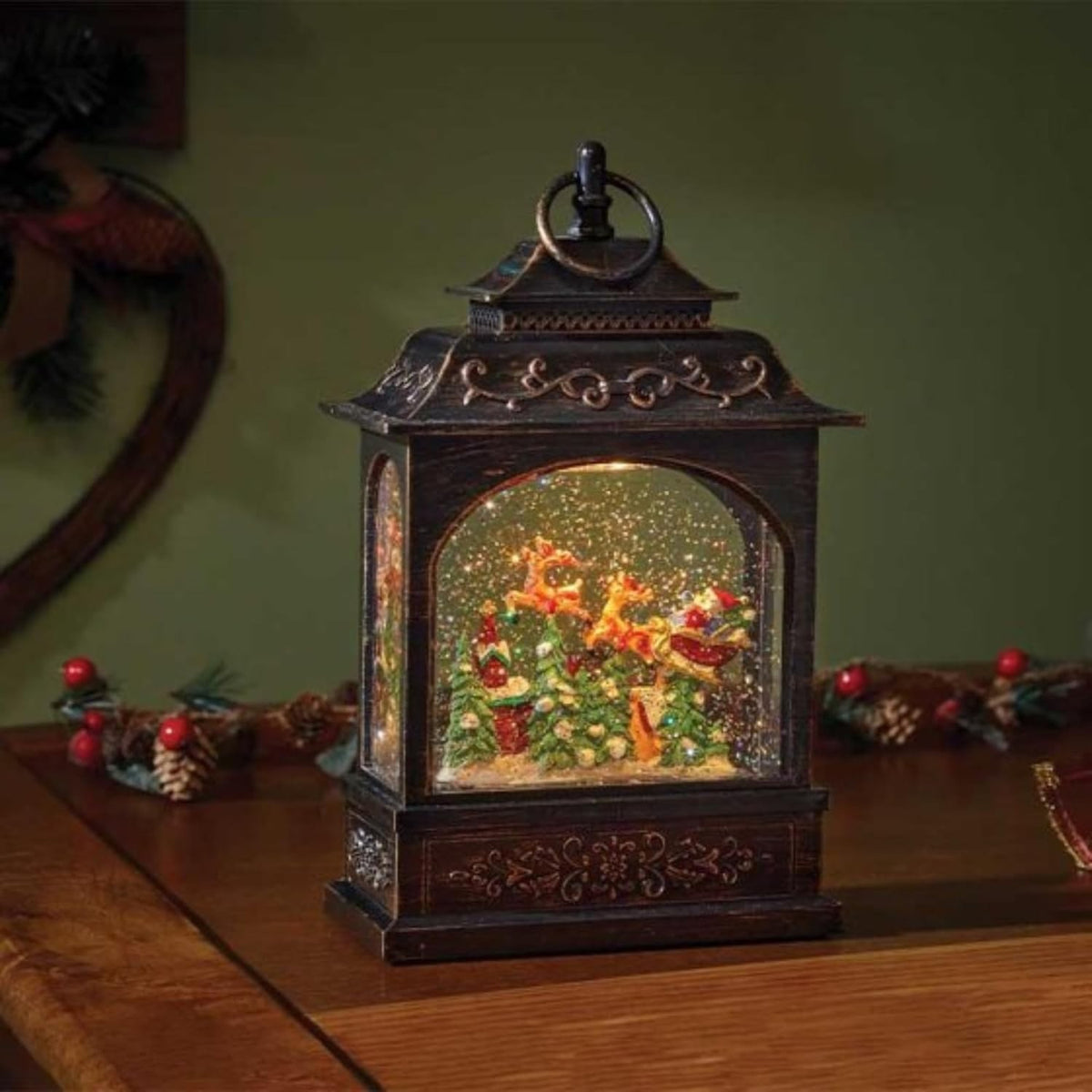 Christmas LED Water Spinner Glitter Snow Globe Lantern Santa & Sleigh 29cm Timer