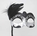 SILVER & BLACK VENETIAN CARNIVAL MASQUERADE PARTY BALL FEATHER MASK HAND HELD