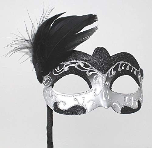 SILVER & BLACK VENETIAN CARNIVAL MASQUERADE PARTY BALL FEATHER MASK HAND HELD