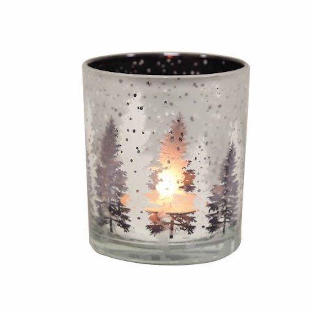 Glass Woodland Tea Light Holder 10cm Tall Christmas Festive Gift  & 3 Tea Lights