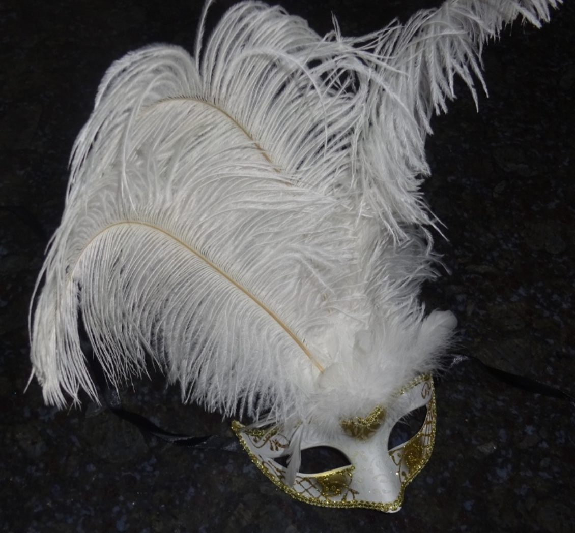 WHITE & GOLD VENETIAN MASQUERADE PARTY CARNIVAL BALL PROM EYE LONG FEATHER MASK
