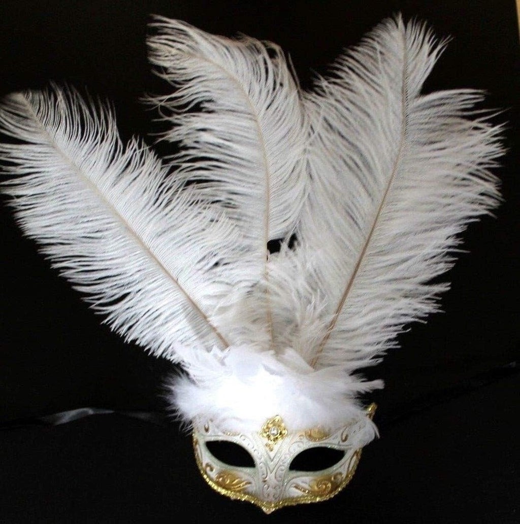 LADIES WHITE & GOLD VENETIAN MASQUERADE PARTY CARNIVAL BALL EYE FEATHER MASK