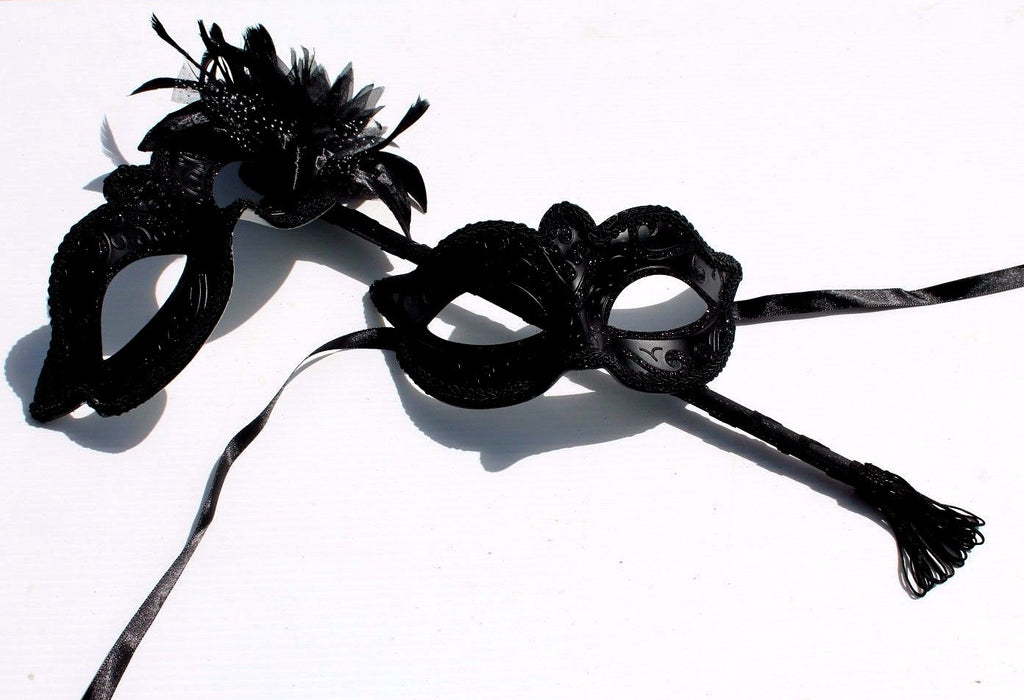 HIS N HERS PAIR  BLACK VENETIAN MASQUERADE PARTY EYE MASKS LADIES MASK ON STICK