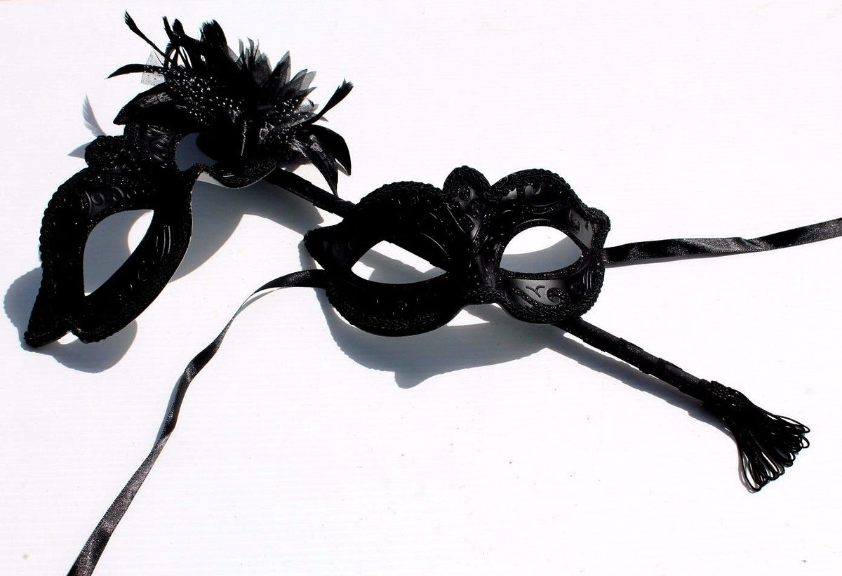 HIS N HERS PAIR  BLACK VENETIAN MASQUERADE PARTY EYE MASKS LADIES MASK ON STICK