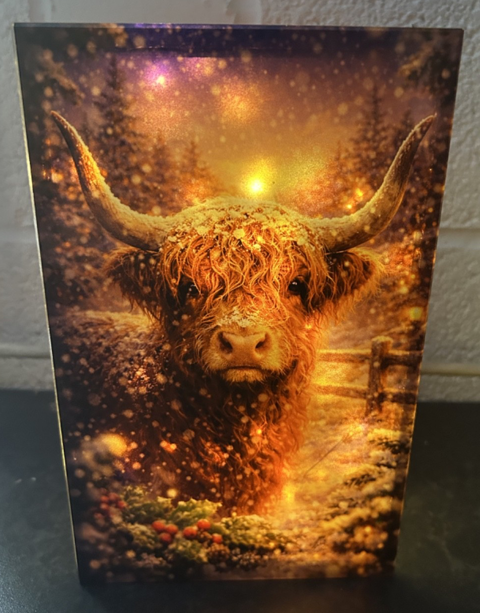 Glass Box Flashing or Static LEDs Highland Cow Decoration 21cm Tall Double Sided