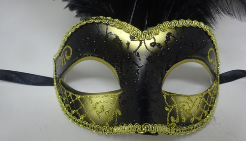 Black & Gold Long Feather Venetian Masquerade Carnival Party Ball Prom Eye Mask