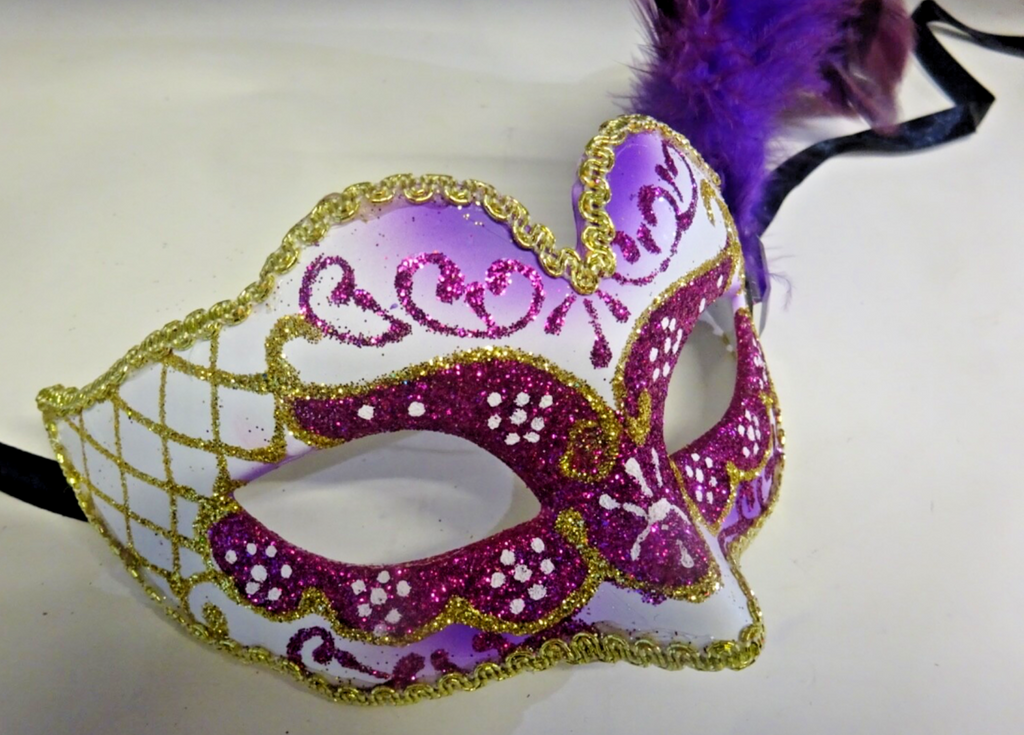 SPARKLING PURPLE WHITE & GOLD MASK SIDE FEATHERS VENETIAN MASQUERADE BALL