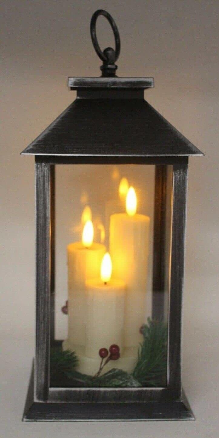 Choice of 3 Colours Rustic Lantern with 3 LED Flicker Flame Candles 27cm Tall