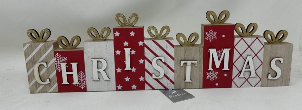 Festive Christmas Gift Present Wooden Sign Plaque Table Top Decoration 40cm Wide