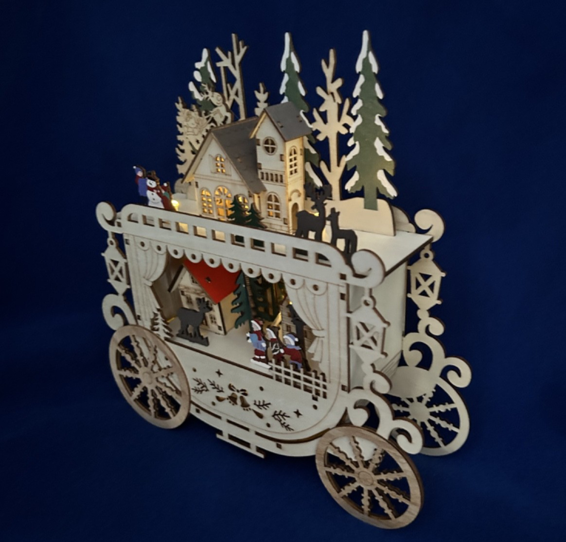 Large Wooden Christmas LED Light Up Carriage with Village Decoration 25cm Tall