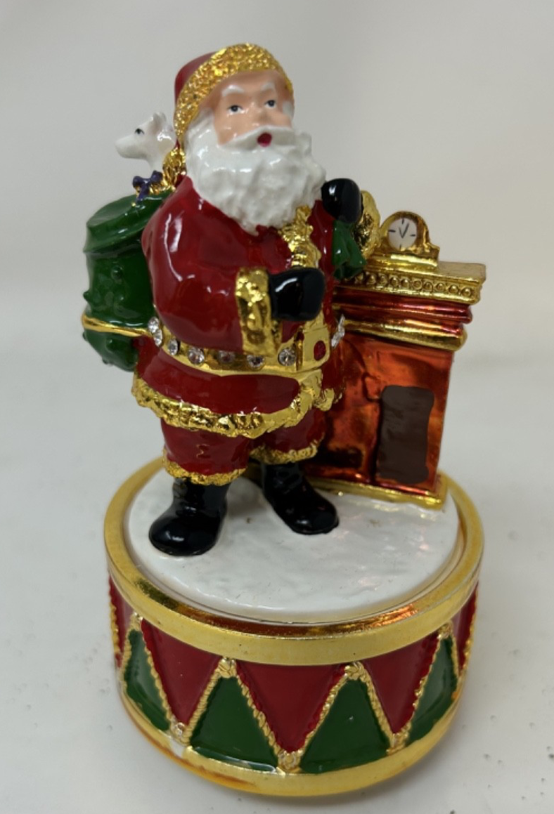 Christmas Musical Santa With Sack Ceramic Gold Plated Figurine Wind Up 12cm Tall